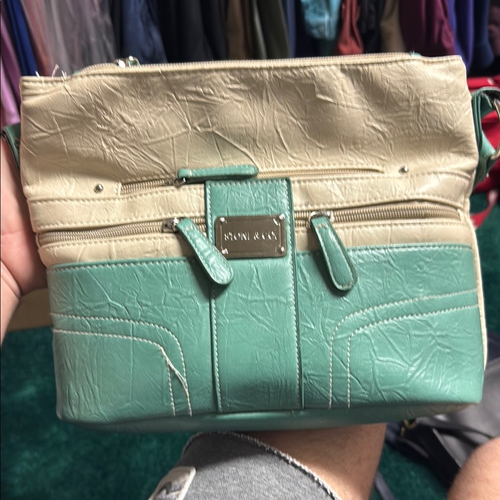 Stone & Co. Cream and Green Crossbody Bag with Fold-Over Design